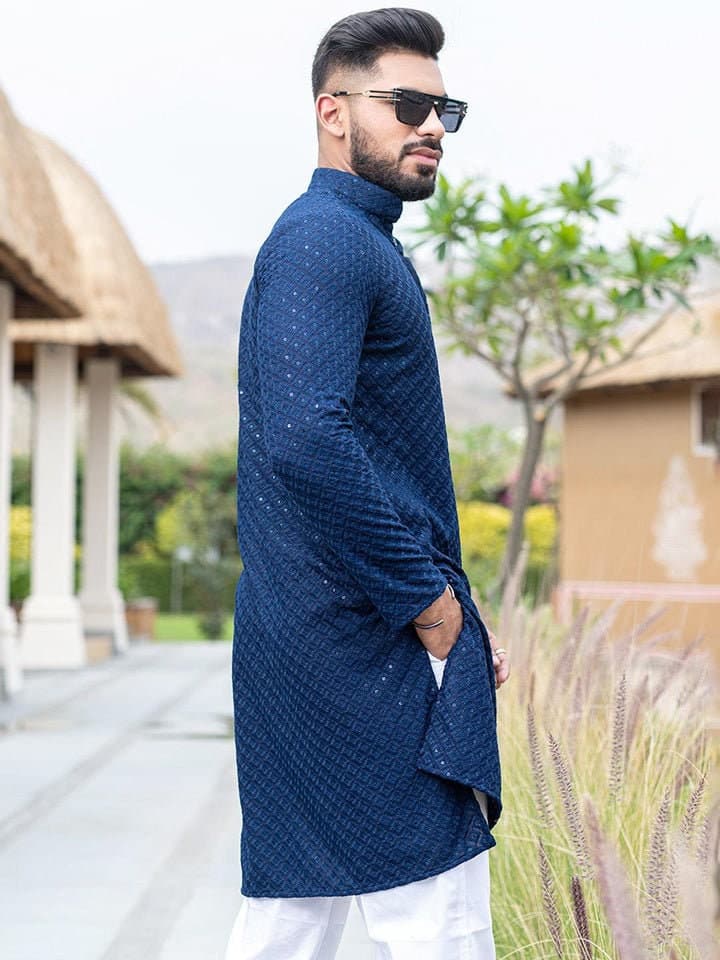 Blue Cotton Chikankari Kurta: Men's Floral Party Wear - image 3