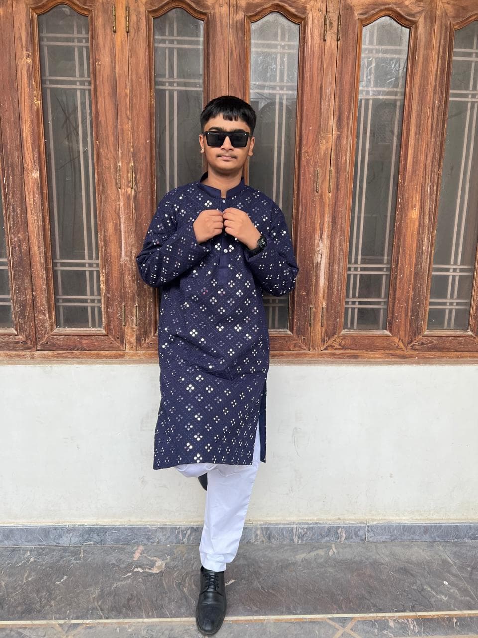 Navy Blue Mirror Embroidered Kurta Set: Mens Chikankari Georgette Kurta Pajama
