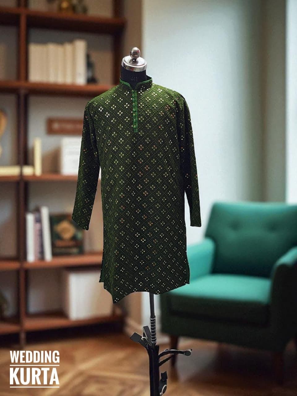 Mehndi Green Cotton Chikankari Kurta with Mirror Embroidery