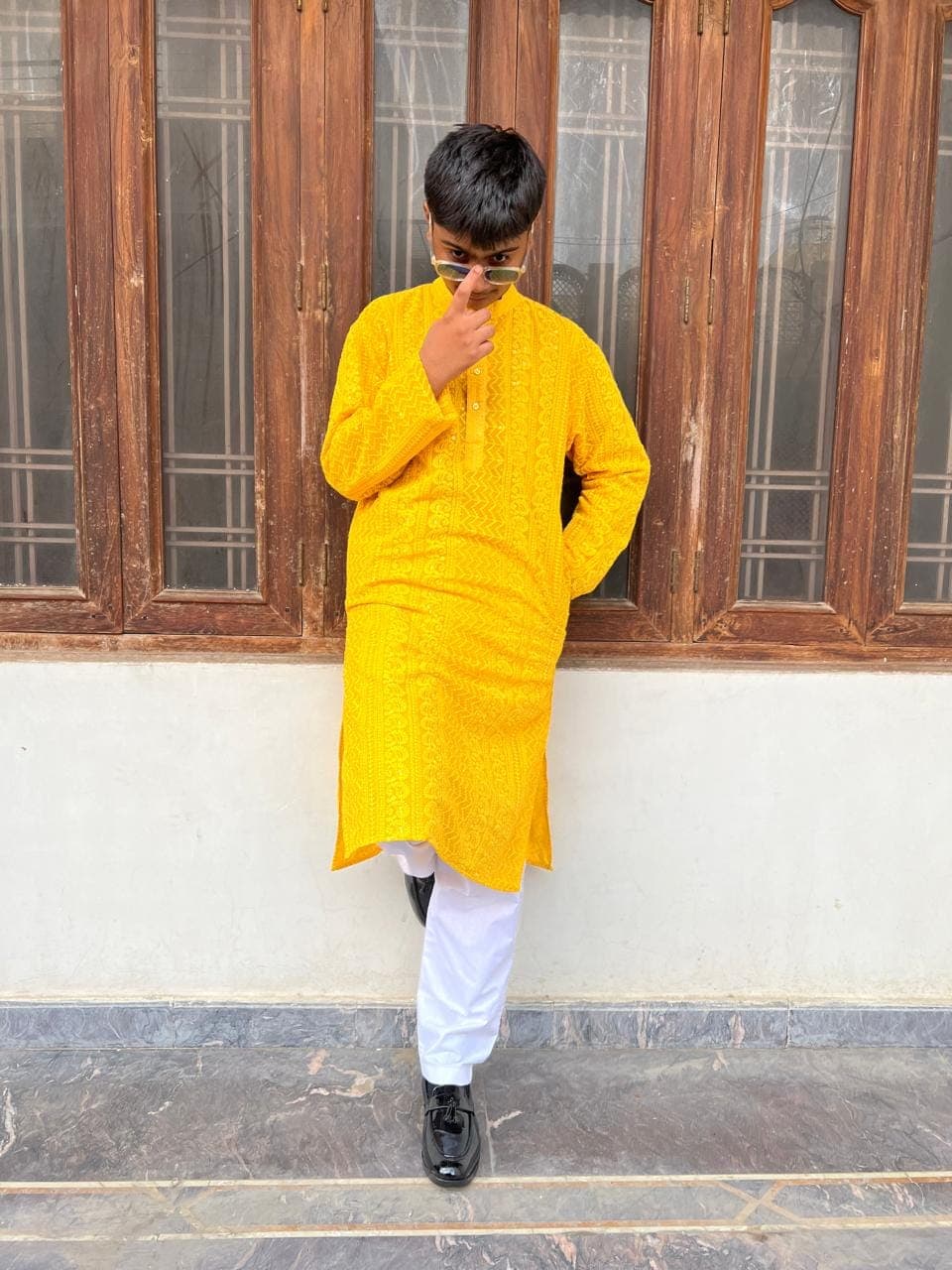 Yellow Paisley Chikankari Cotton Kurta Set: Mens Embroidered Wedding Outfit