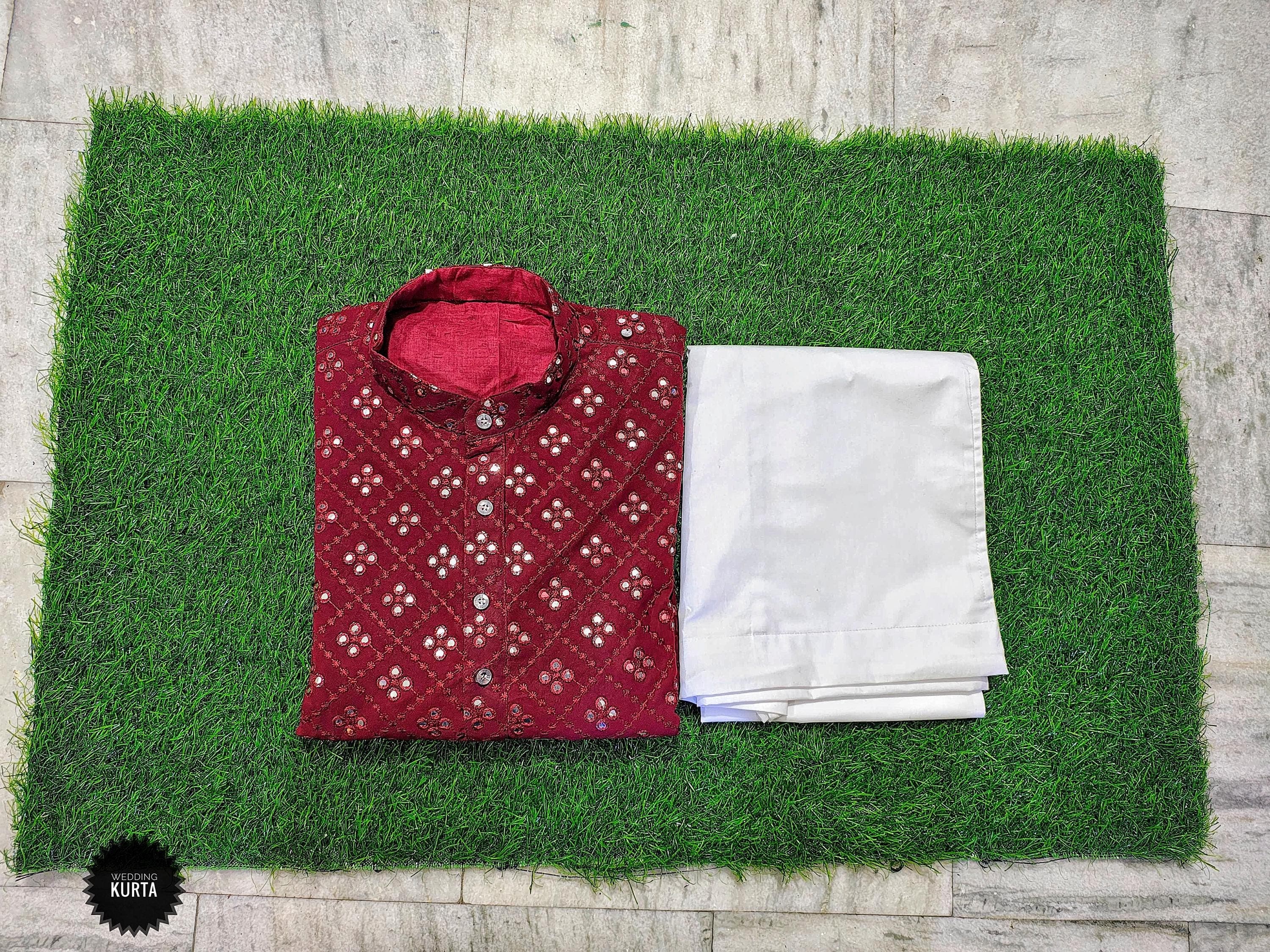 Maroon Embroidered Kurta Pajama: Indian Wedding Sherwani Outfit - image 4