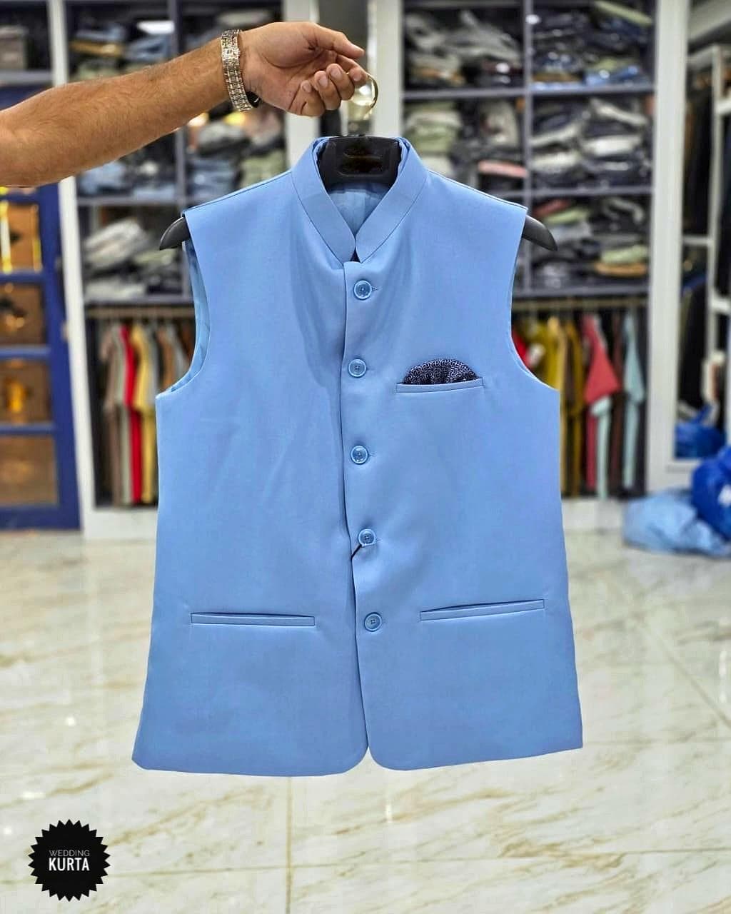 Men's Sky Blue Cotton Nehru Jacket: Indian Vest