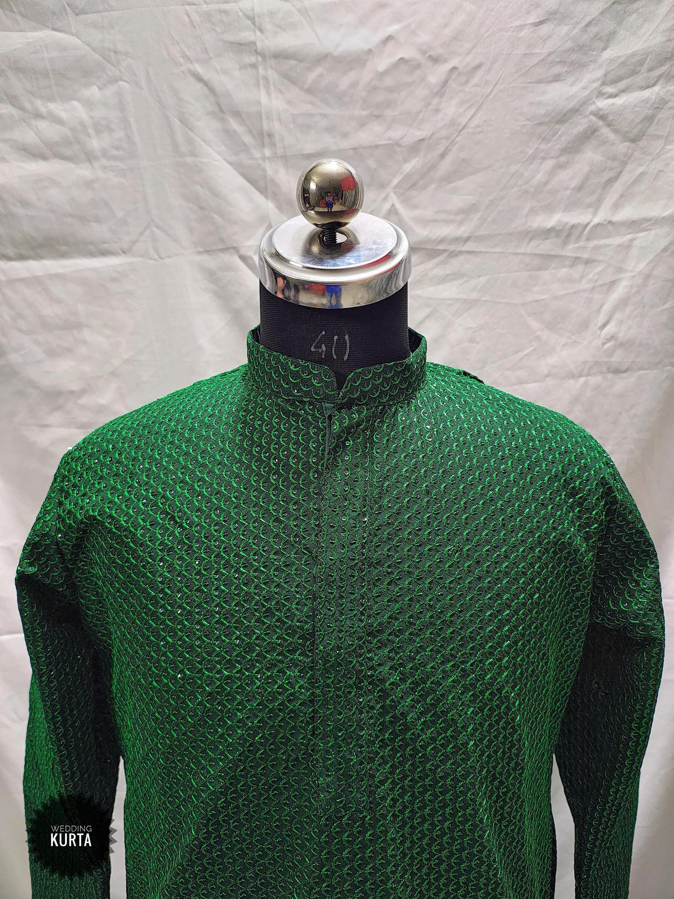 Dark Green Sequined Kurta Pajama Set: Custom Embroidered Pakistani Outfit - image 3