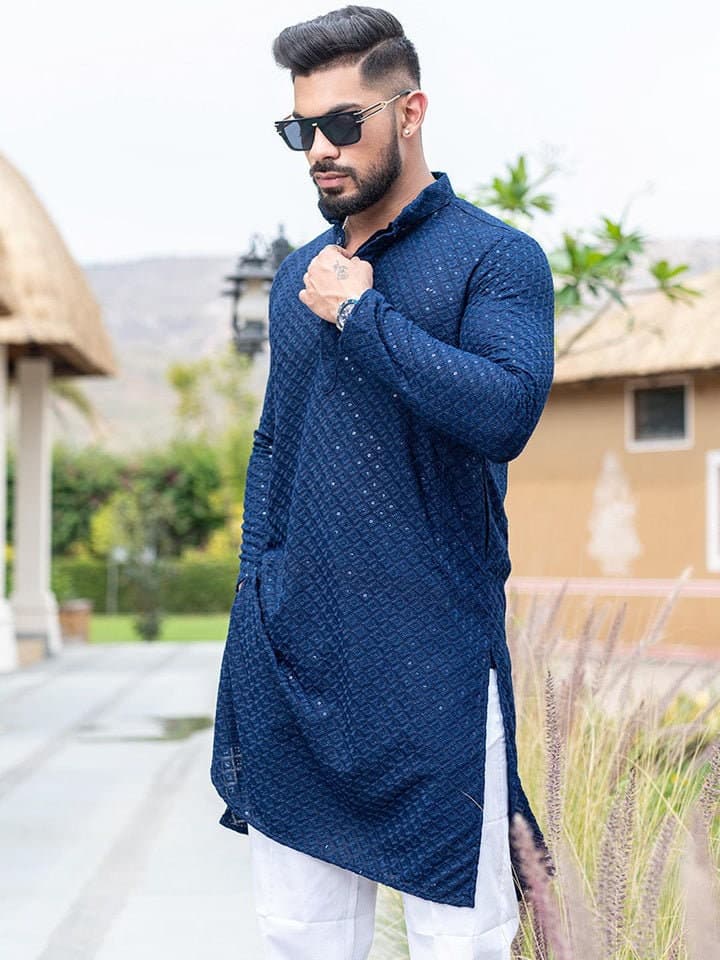 Blue Cotton Chikankari Kurta: Men's Floral Party Wear