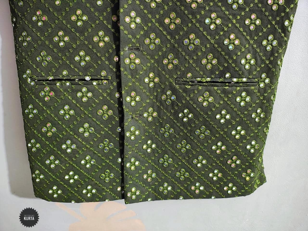 Men's Mehndi Green Georgette Nehru Jacket: Mirror Work Embroidery Vest - image 4
