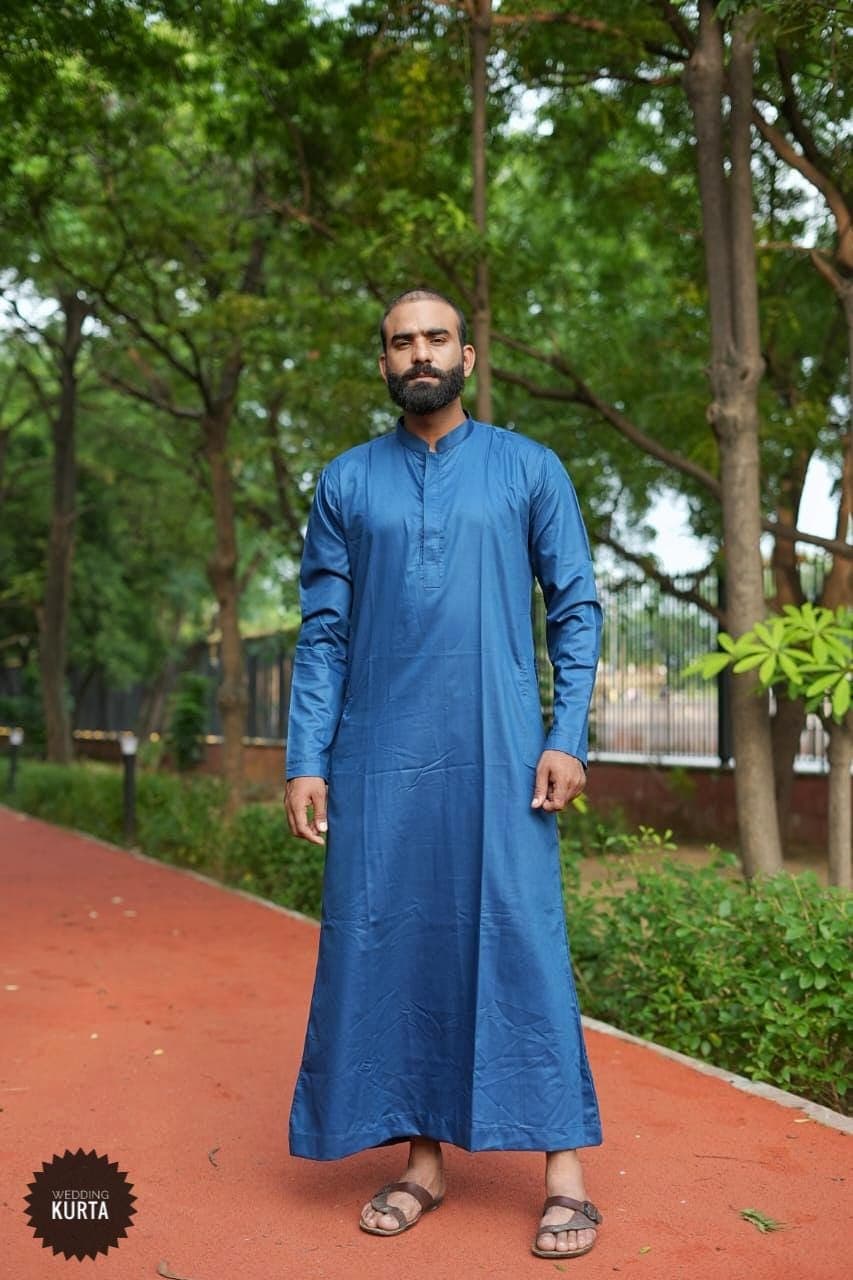Handmade Royal Blue Cotton Jubba: Men's Emirati Wedding Thobe