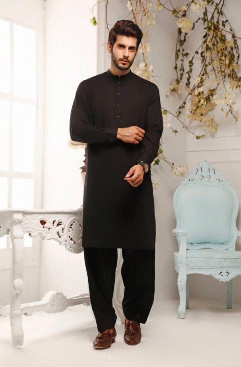 Black Cotton Pathani Suit: Men's Kurta Pajama Set