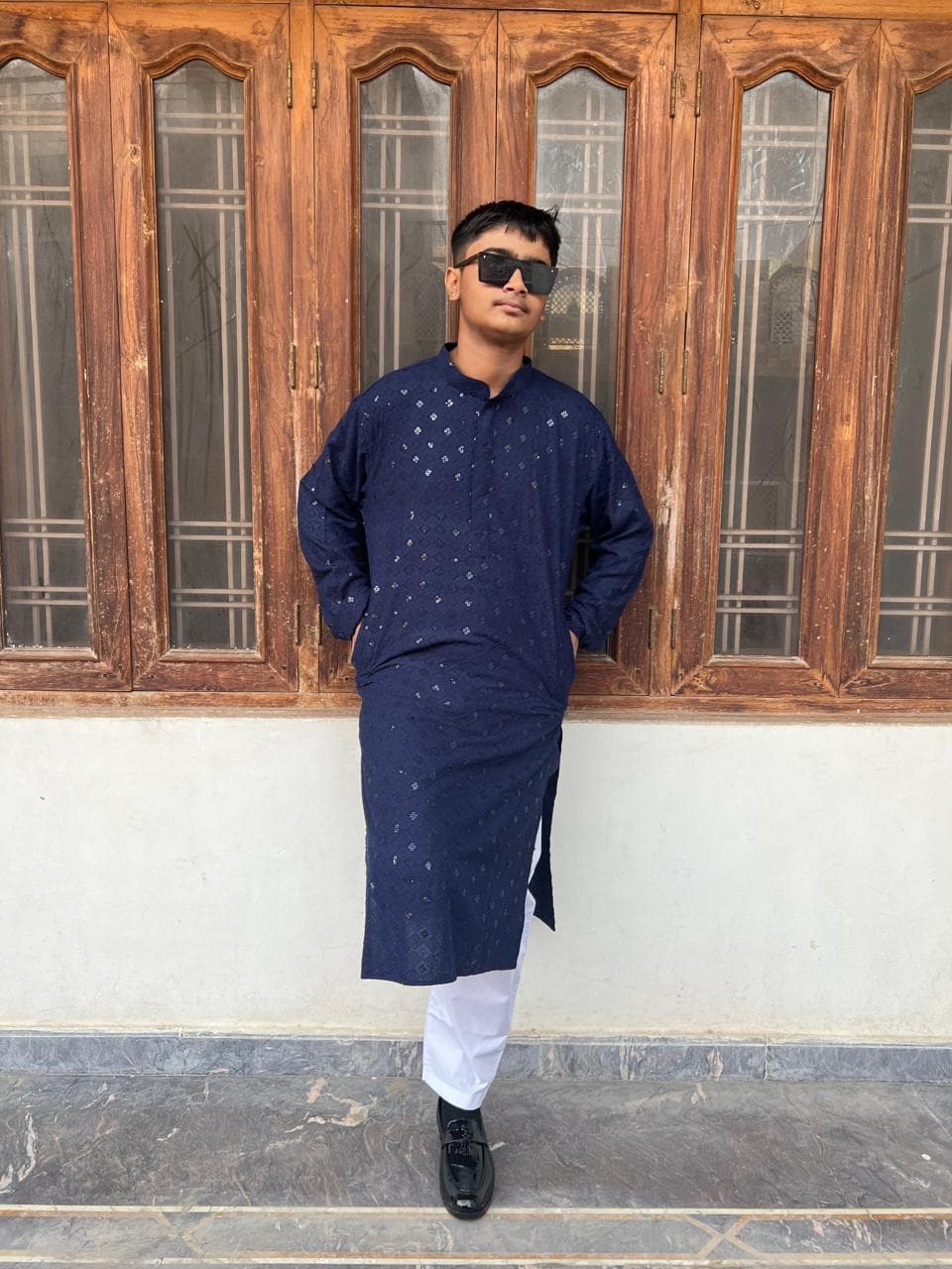 Blue Mirror Embroidery Kurta Pyjama: Men's Party Wear Suit