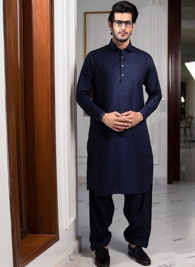Handmade Cotton Kurta Shalwar Suit: Navy Blue Pathani Set