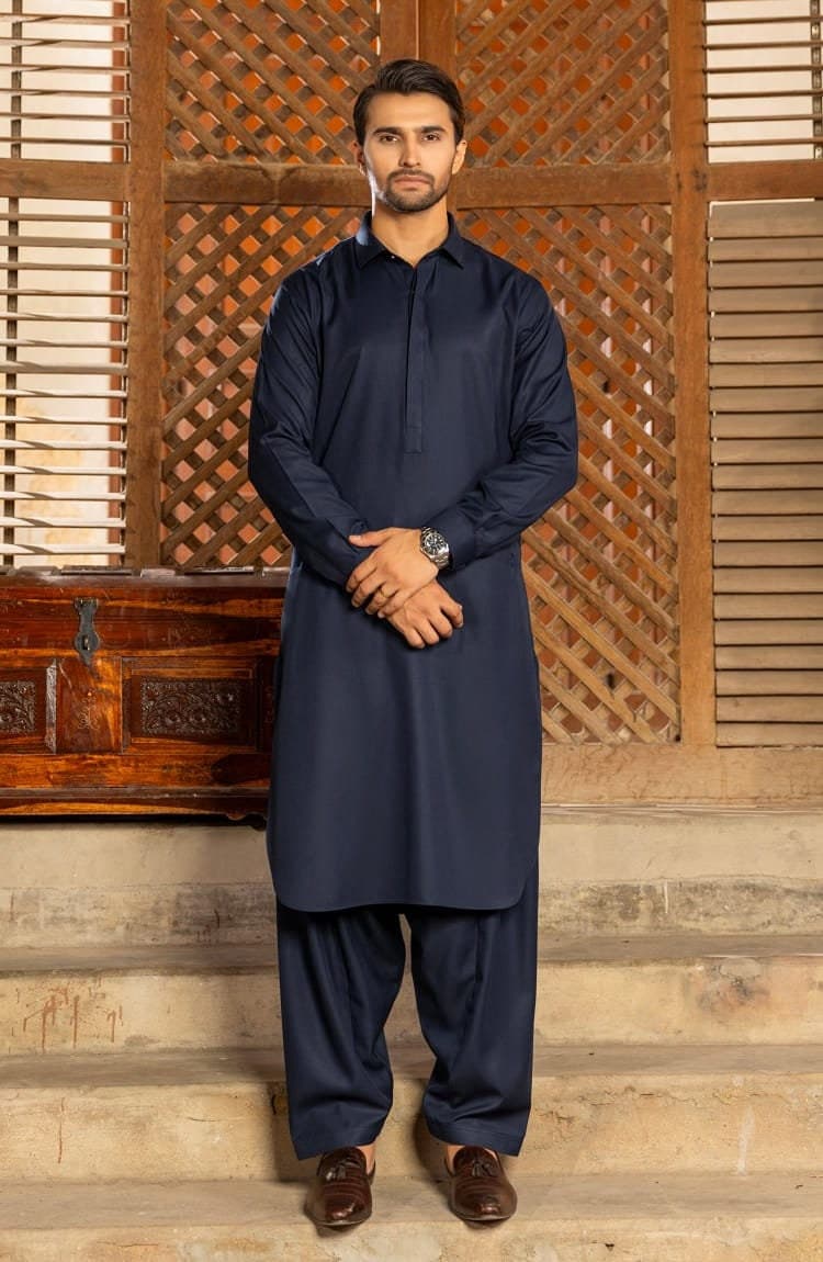 Handmade Men's Navy Blue Shalwar Kameez: Pakistani Style Outfit
