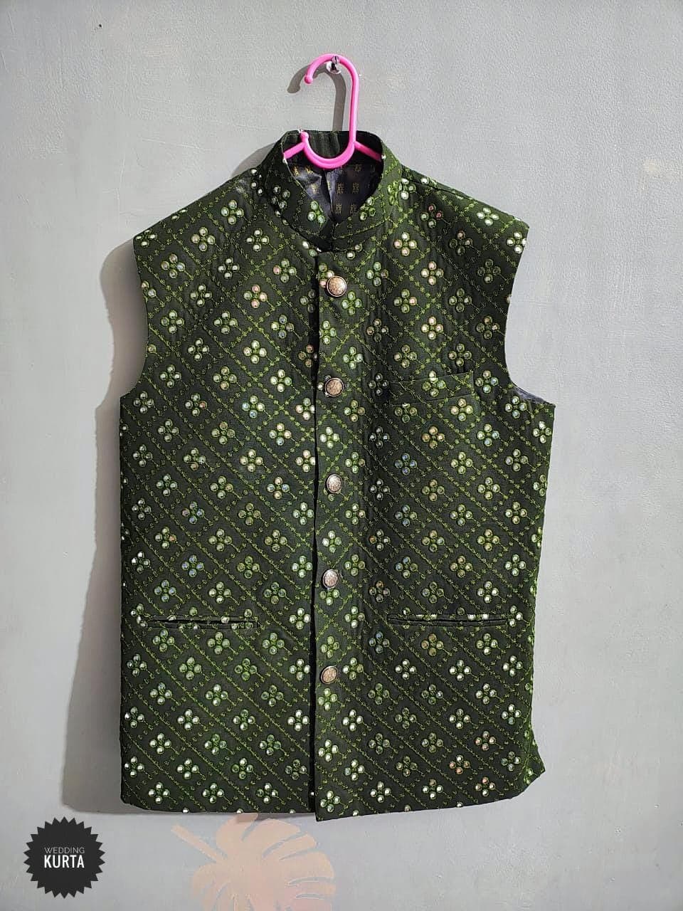 Men's Mehndi Green Georgette Nehru Jacket: Mirror Work Embroidery Vest