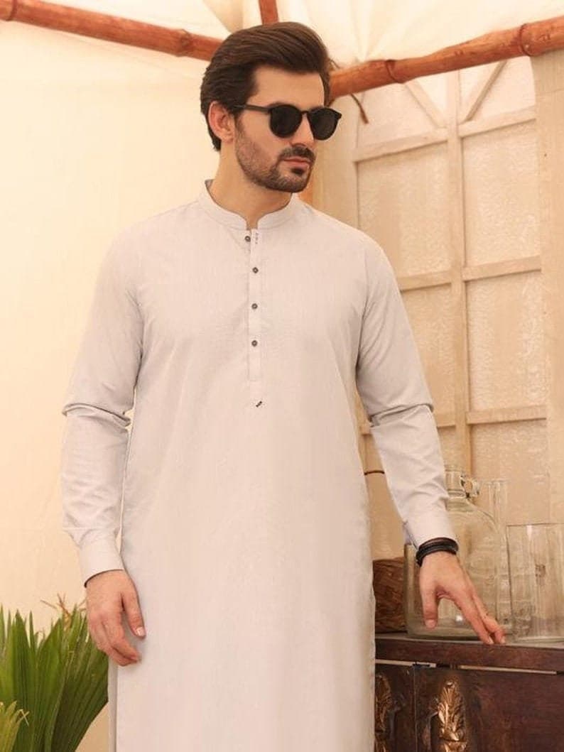 Handmade Men's Kurta Shalwar Suit: Beige Cotton Kameez Salwar - image 3