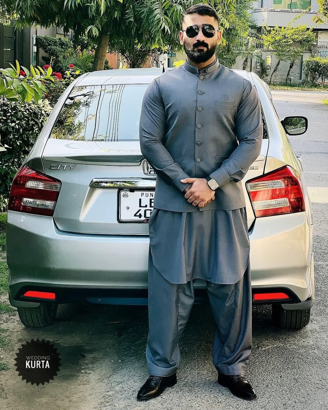 Men's Gray Kurta Pajama with Nehru Jacket: Silk Cotton Blend