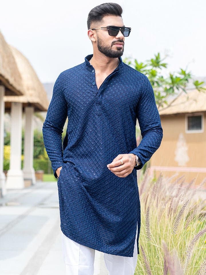 Blue Cotton Chikankari Kurta: Men's Floral Party Wear - image 5