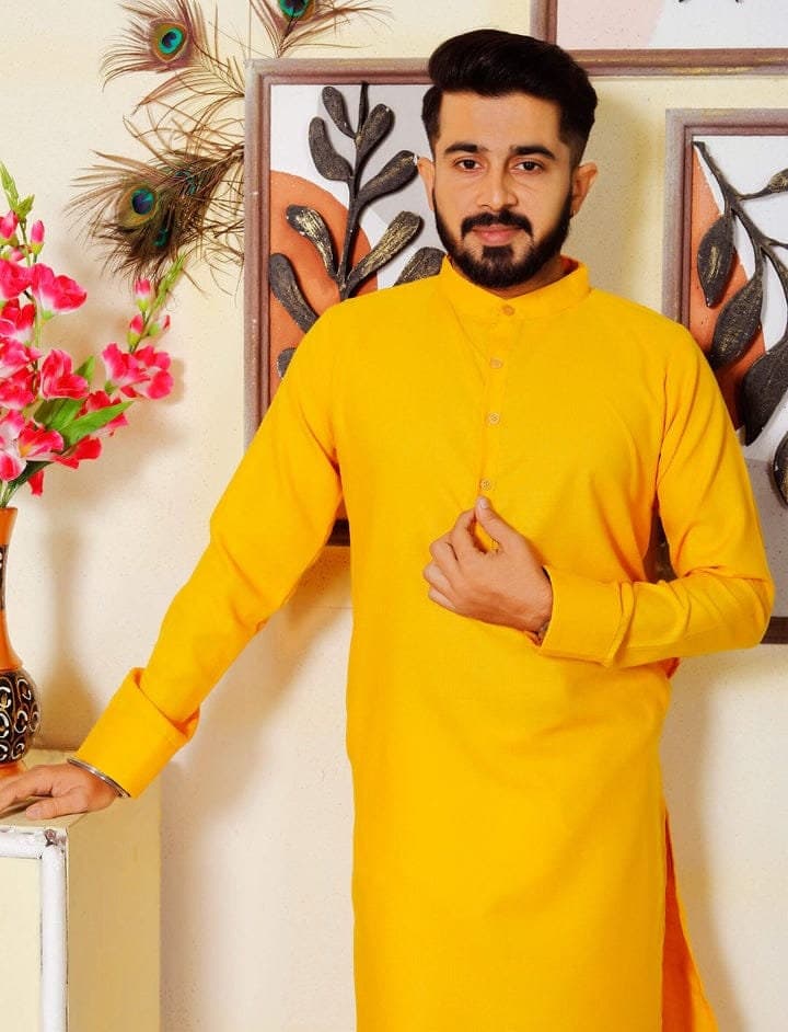 Men's Haldi Yellow Cotton Kurta Pajama Set - image 5