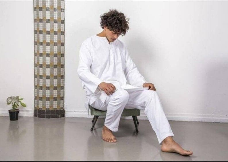 Men's White Cotton Kurta Pajama Set: Handmade Meditation Suit - image 5