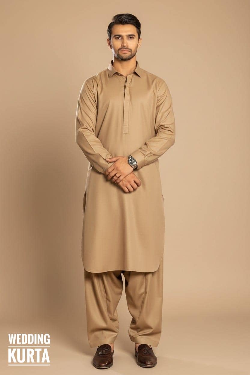 Beige Shalwar Kameez for Men - Ramadan Kareem Muslim Outfit - Saudi Arabia Style Kurta Set