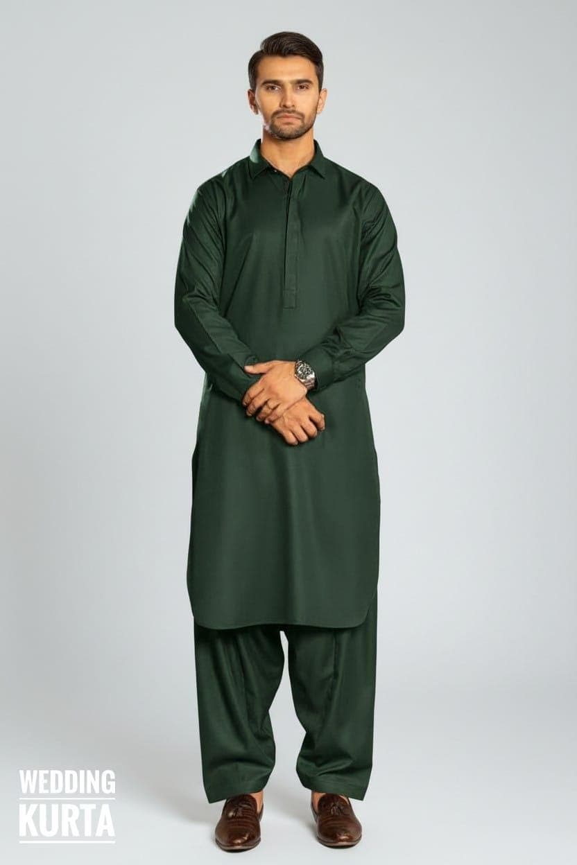 Men's Dark Green Shirt Collar With Hidden Button & Cuff Pakistani Indian Style Kameez Shalwar