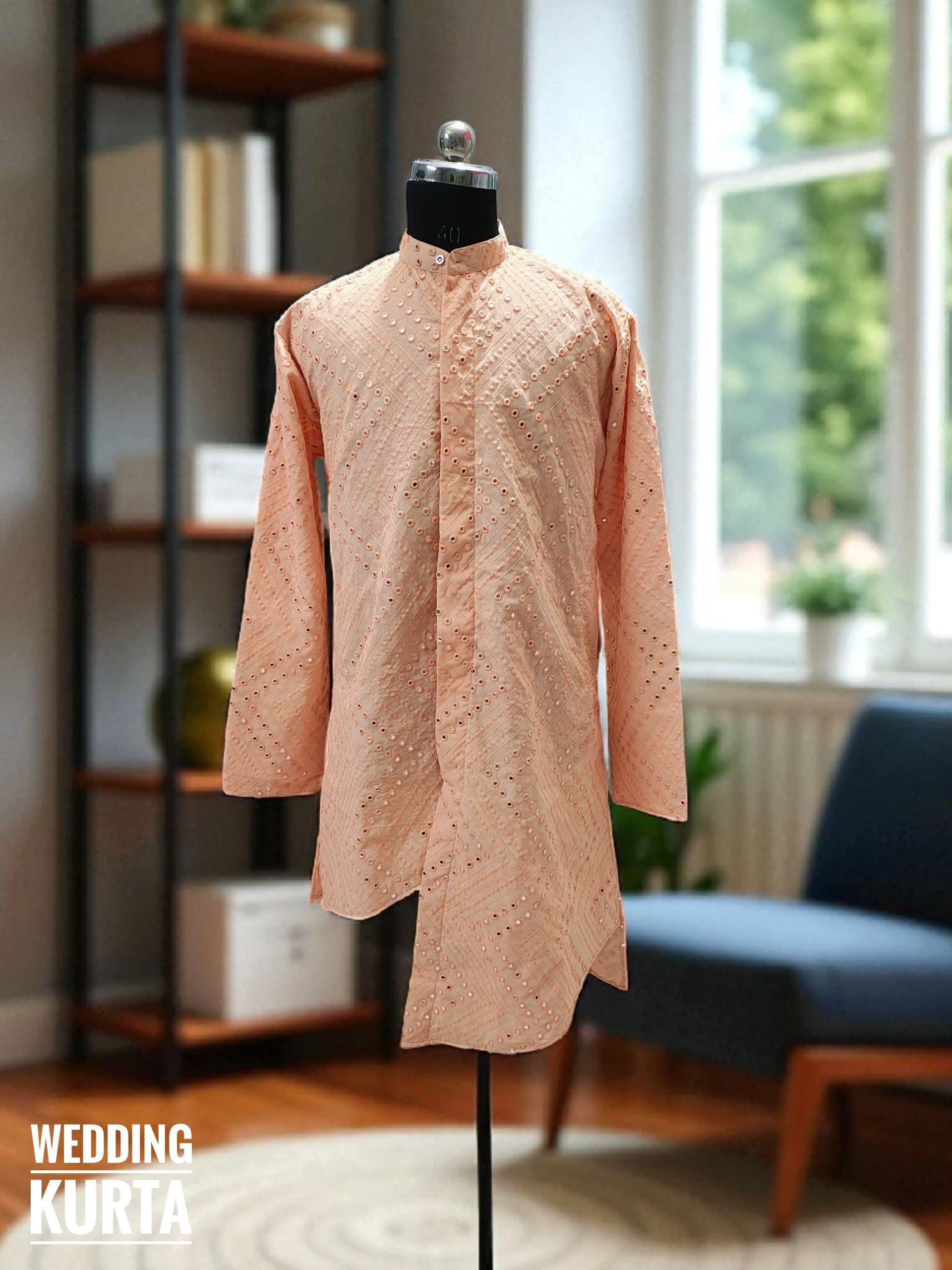 Peach Cotton Chikankari Kurta Set: Mirror Work Ethnic Wedding Dress