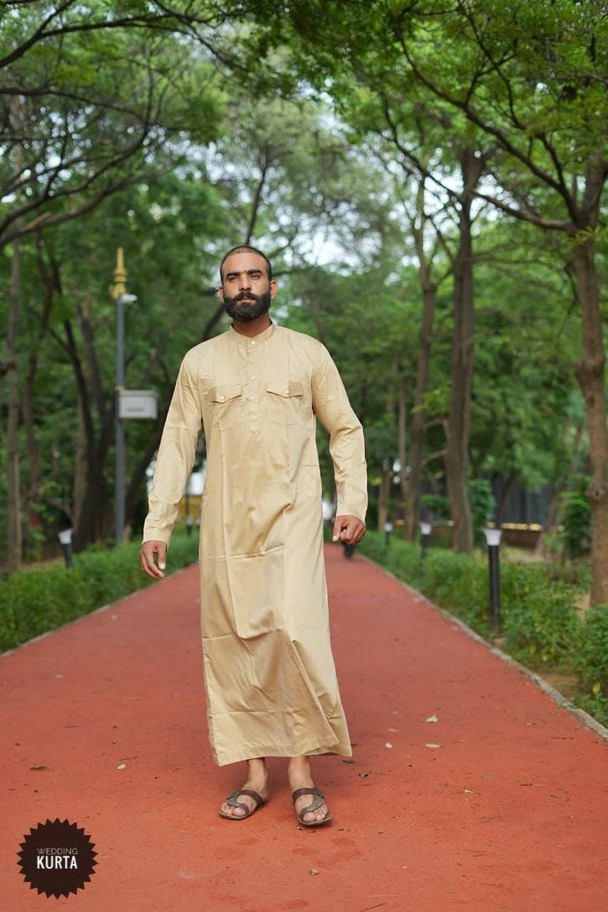 Handmade Beige Cotton Mens Emirati Thobe Jubba