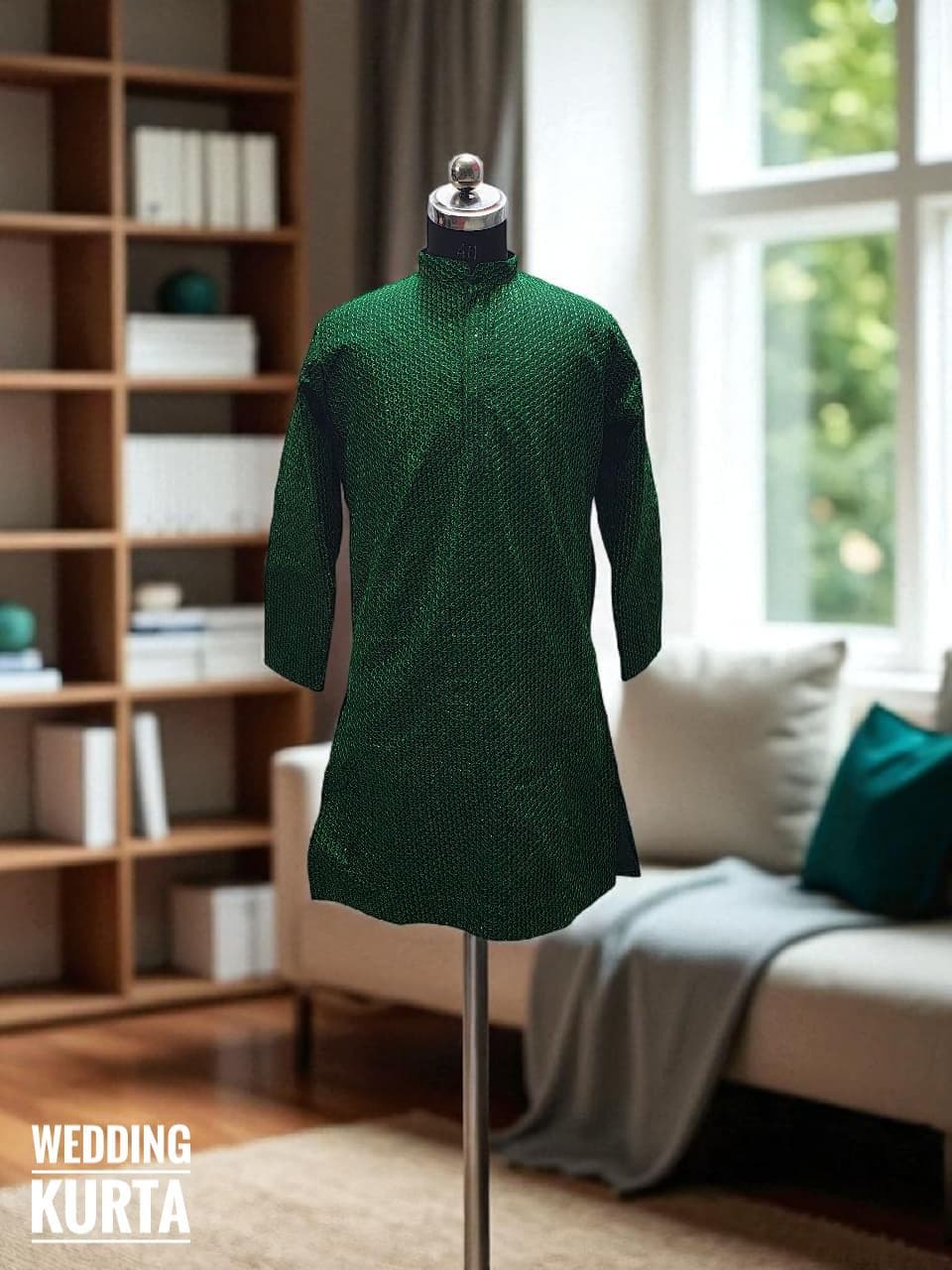 Dark Green Sequined Kurta Pajama Set: Custom Embroidered Pakistani Outfit