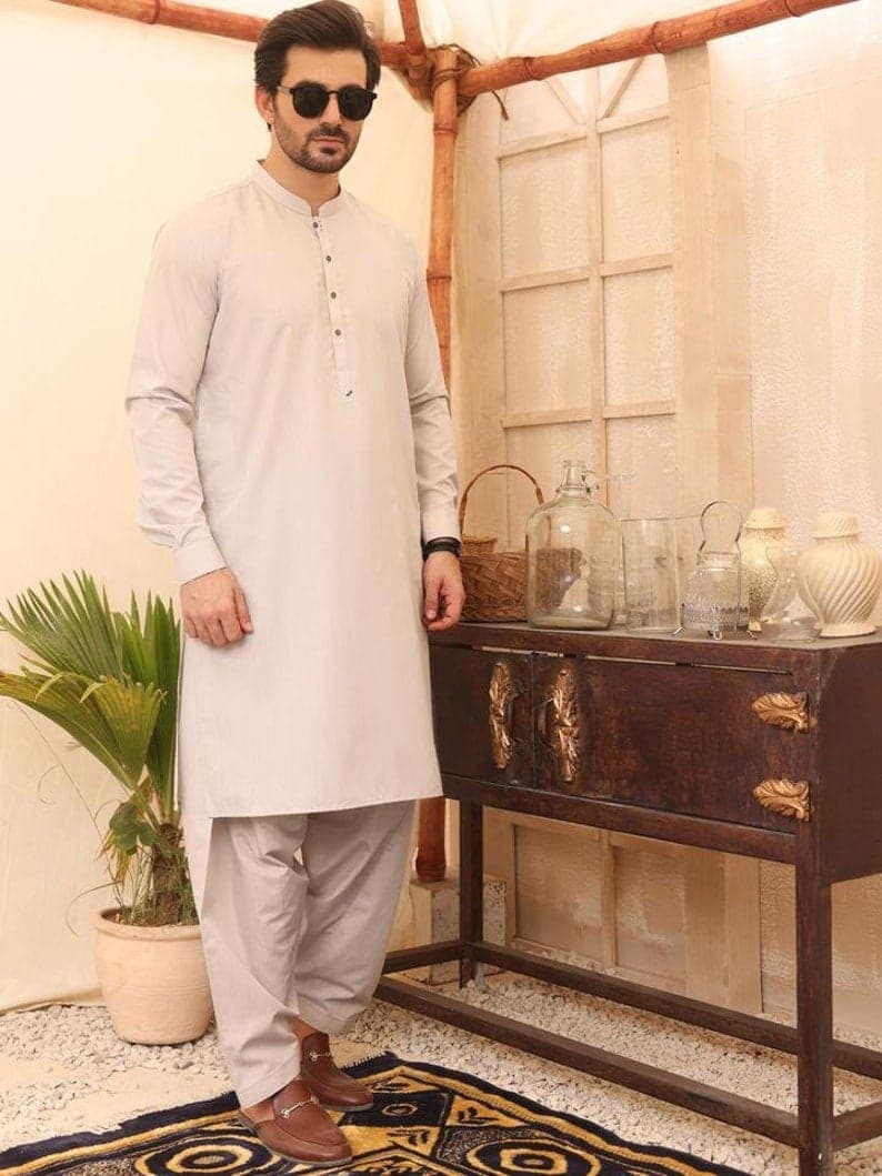 Handmade Men's Kurta Shalwar Suit: Beige Cotton Kameez Salwar
