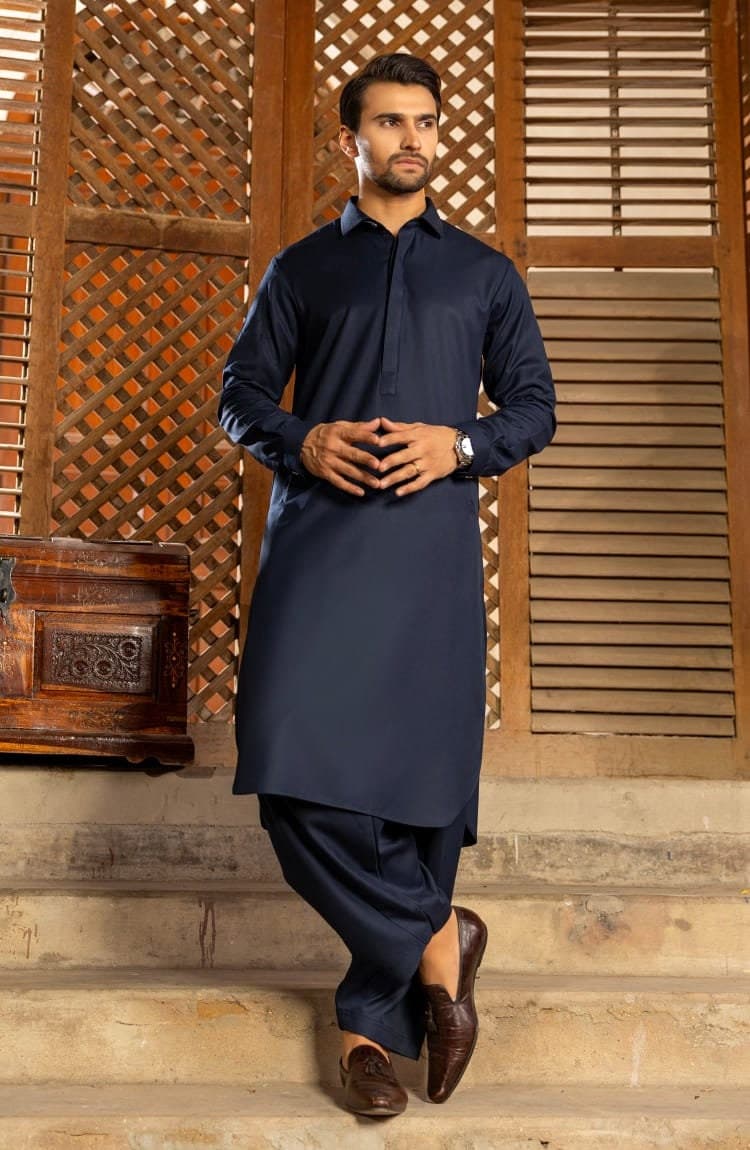 Handmade Men's Navy Blue Shalwar Kameez: Pakistani Style Outfit - image 5