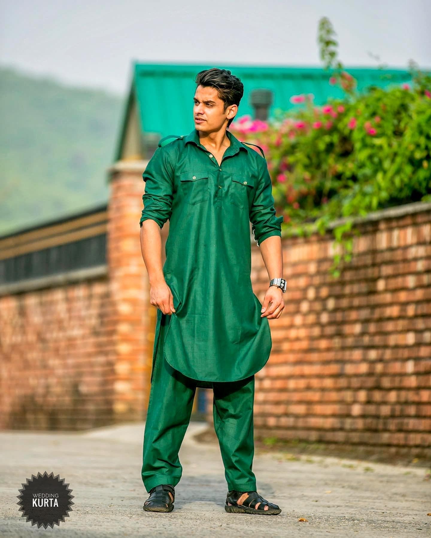 Dark Green Cotton Pathani Suit Set: Men's Punjabi Kurta