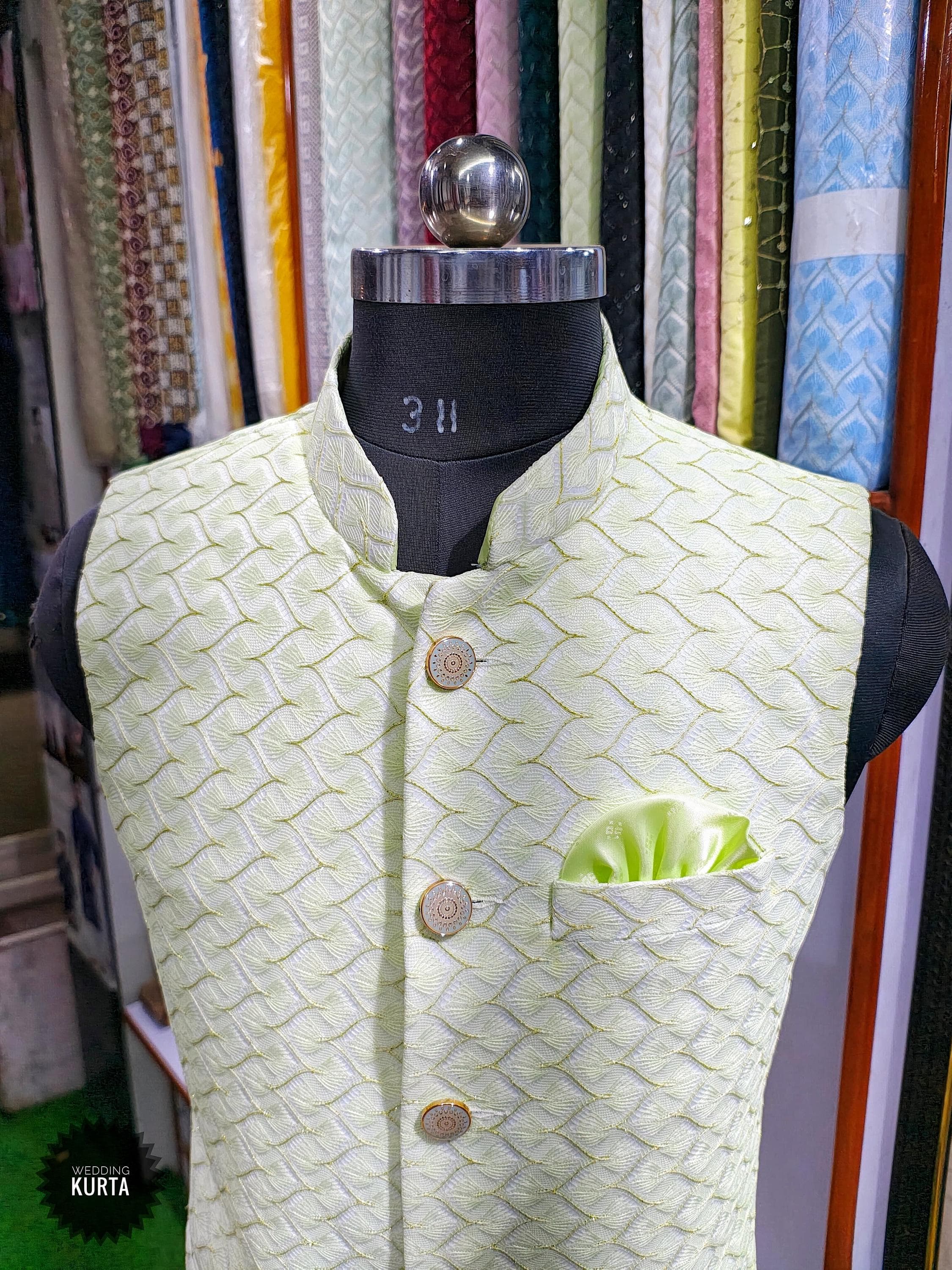 Embroidered Pista Green Nehru Jacket: Fine Cotton Silk Indian Wedding Coat - image 3