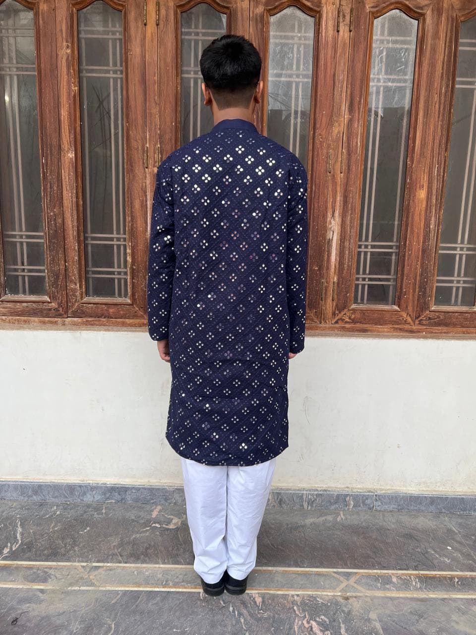 Navy Blue Mirror Embroidered Kurta Set: Mens Chikankari Georgette Kurta Pajama - image 5