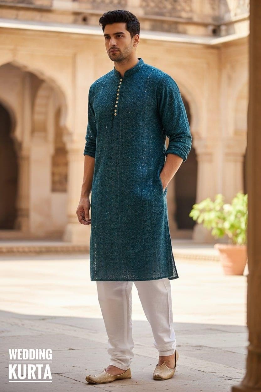 Teal Blue Chikan Kurta with White Pajama: Plus Size Men's Long Sleeve Set