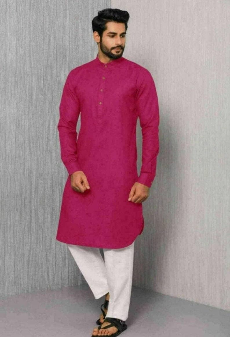 Handmade Men's Cotton Kurta Pajama: Dark Pink Indian Traditional Set