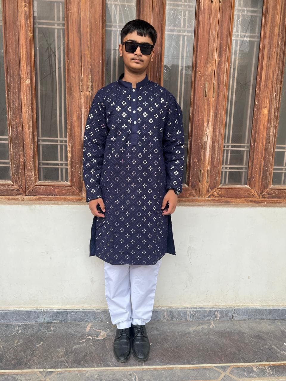 Navy Blue Mirror Embroidered Kurta Set: Mens Chikankari Georgette Kurta Pajama - image 4