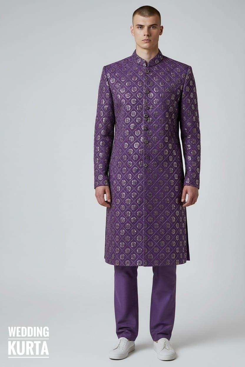 Men’s Embroidered Georgette Sherwani Style Kurta Pajama Set – Indian Wedding Groom Outfit - Lavender Color