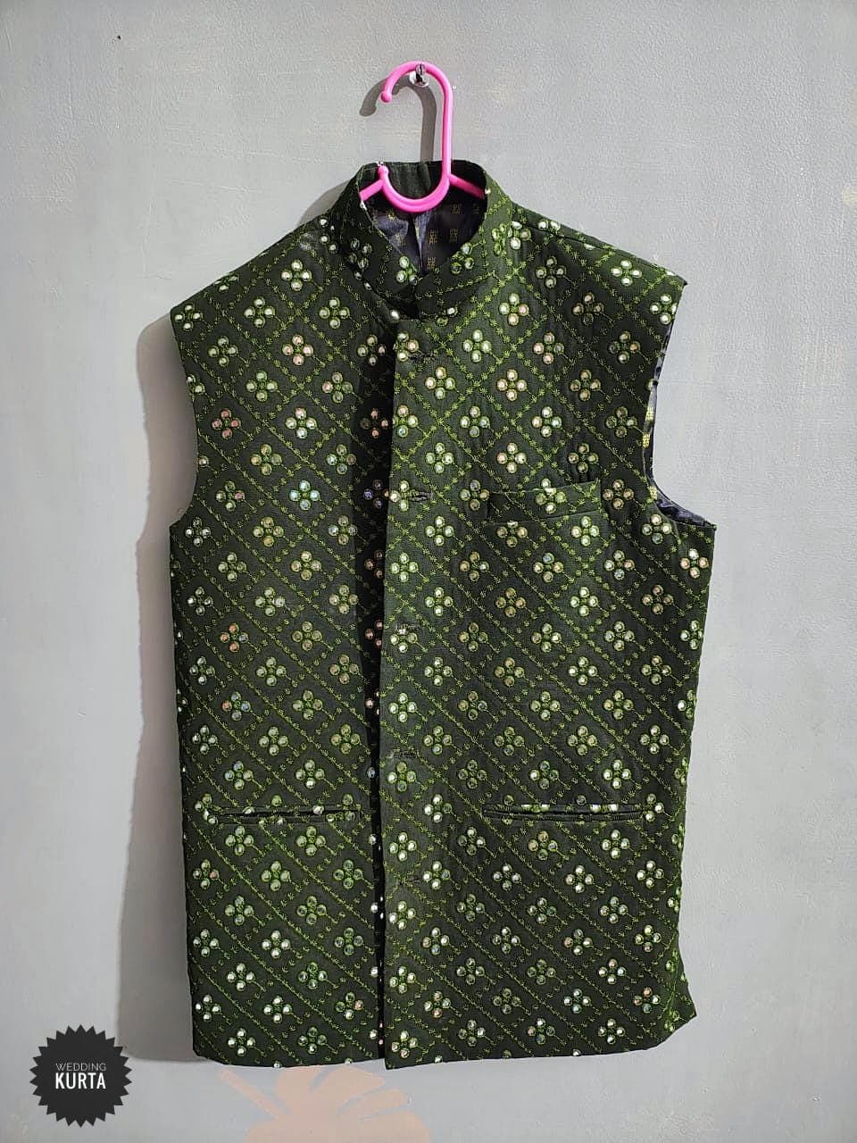 Men's Mehndi Green Georgette Nehru Jacket: Mirror Work Embroidery Vest - image 5