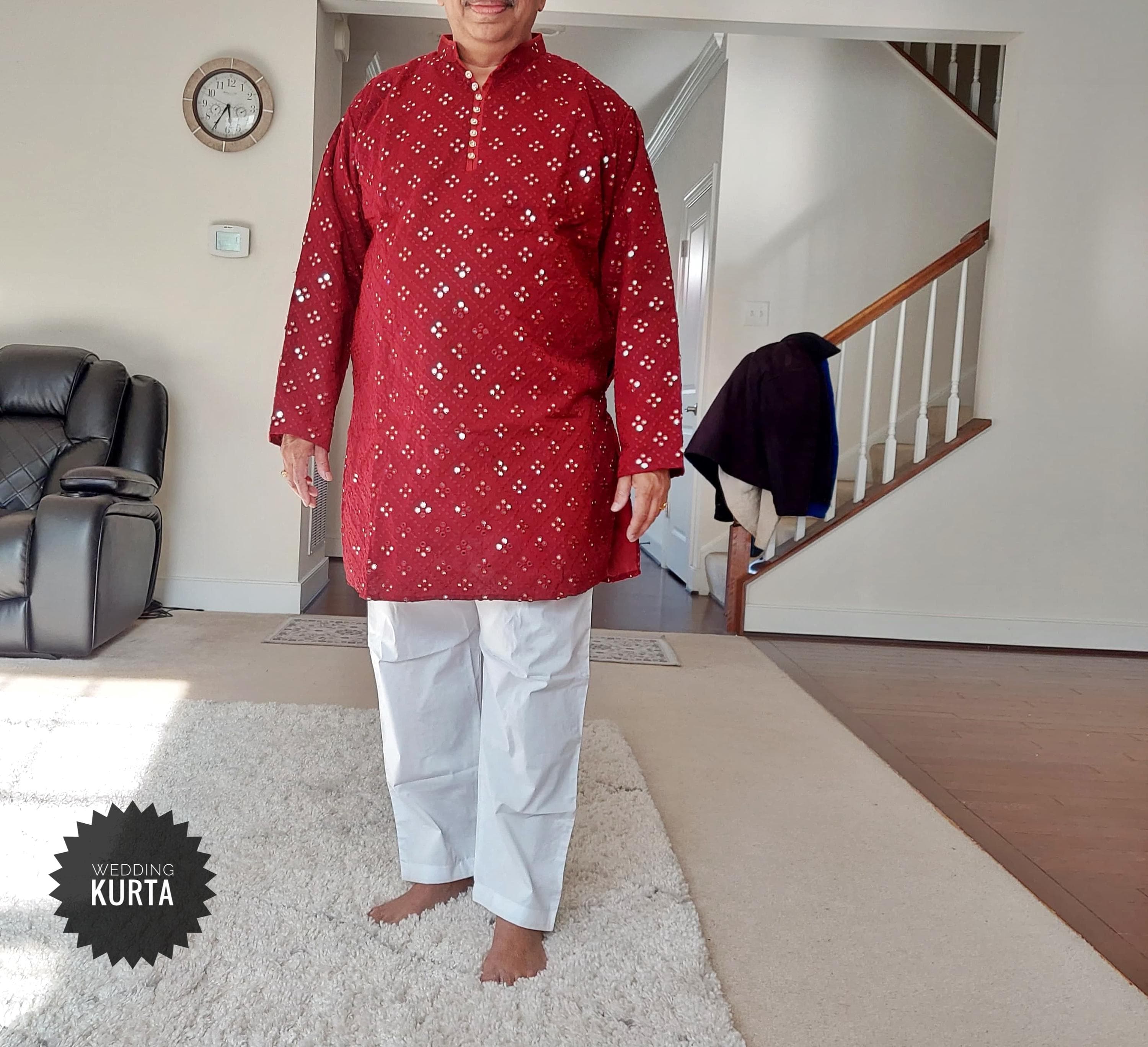 Red Georgette Kurta Pajama: Mirror Work Embroidered Chikankari Sherwani