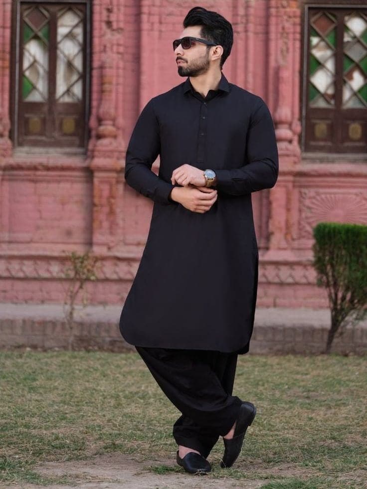 Men's Handmade Black Cotton Pathani Kurta Salwar Set