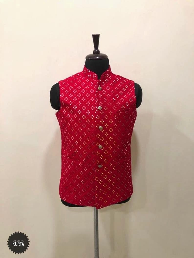 Mens Red Georgette Nehru Jacket: Chikankari Embroidered Indian Vest