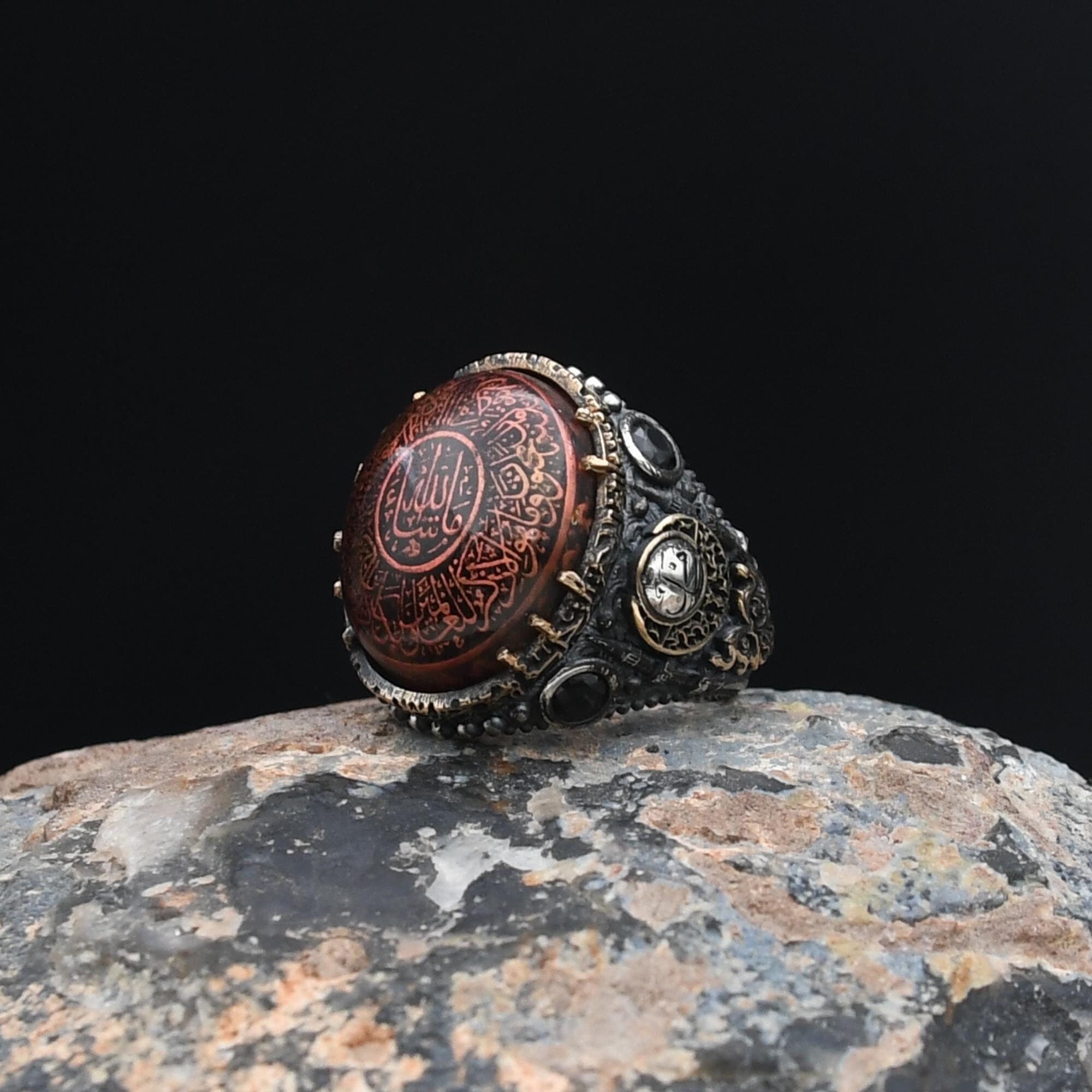 Holy Quran Ring, İslamic Silver Ring, 925 Sterling Silver Ring, Amber Stone Ring, Men's Handmade Turkish Ring