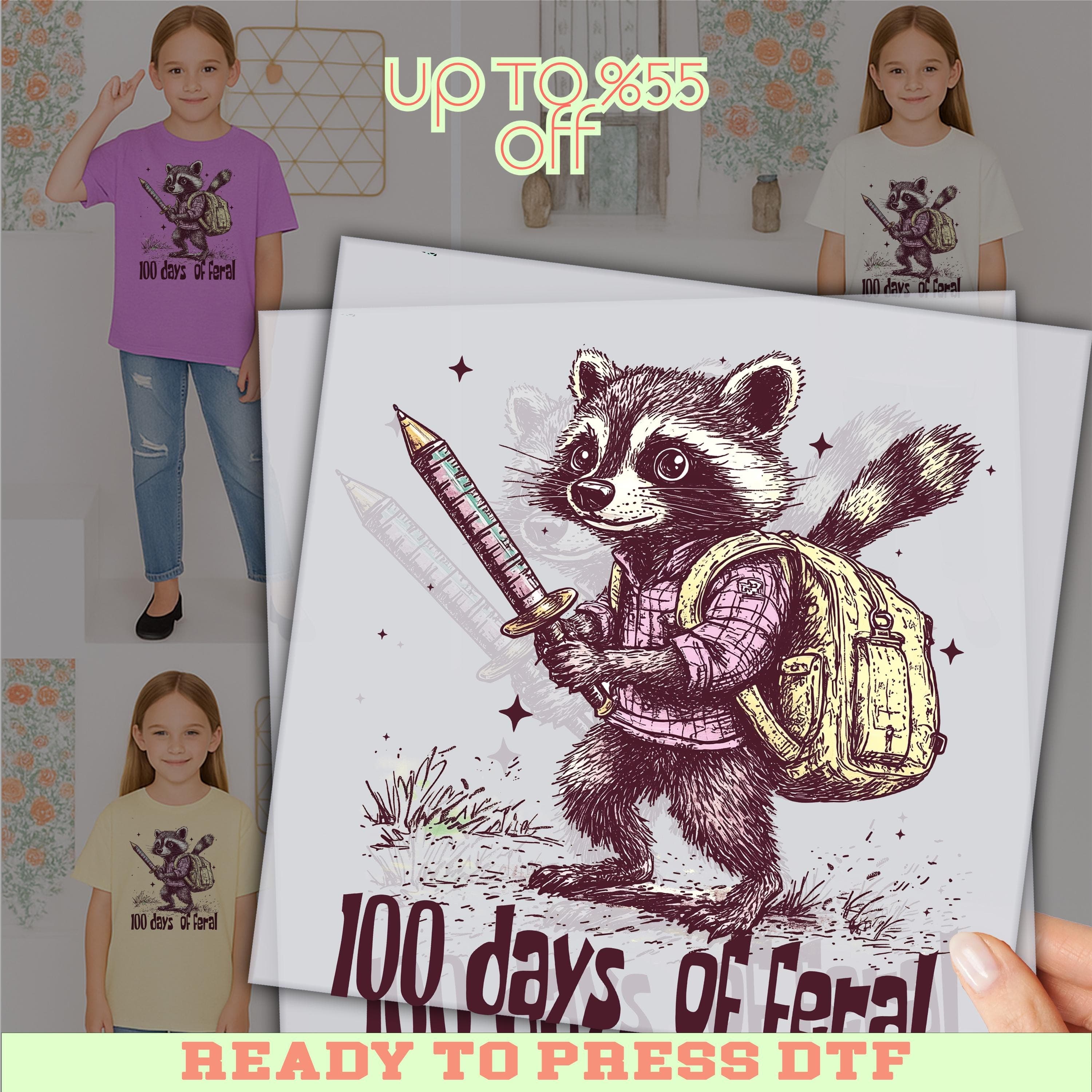 100 Days of School DTF Transfer: 100 Days Of Feral Racoon Ready To Press