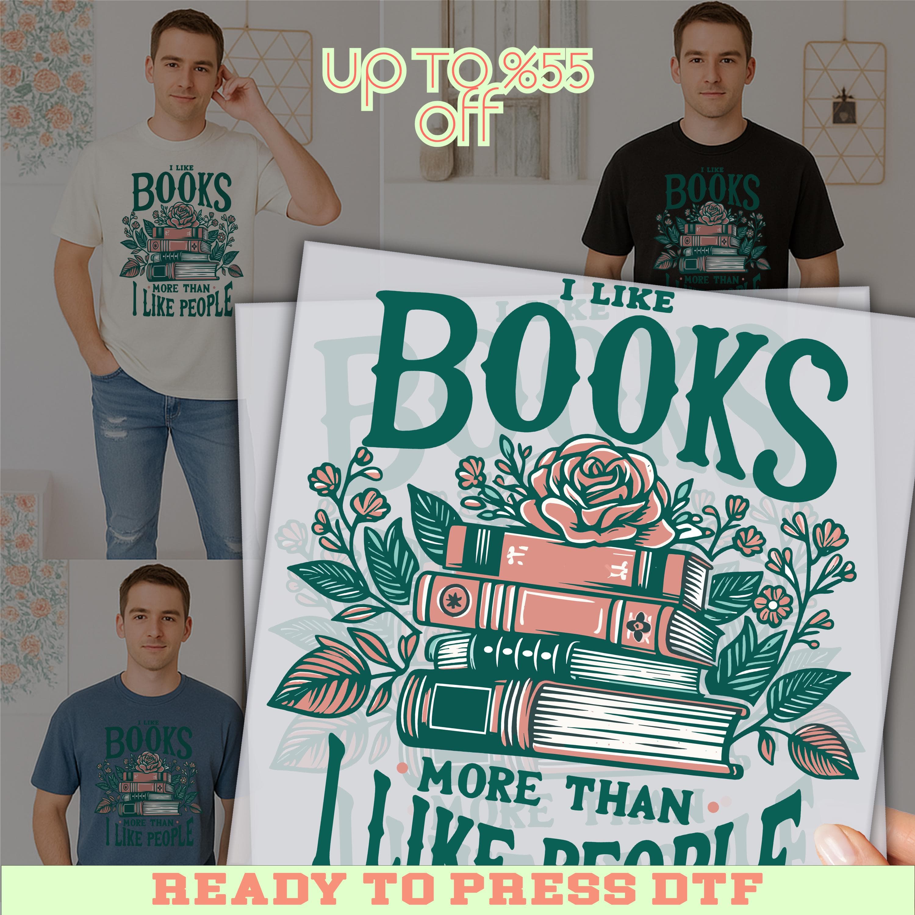 I Like Books More Than People DTF Transfer : Booklover Gift Heat Press