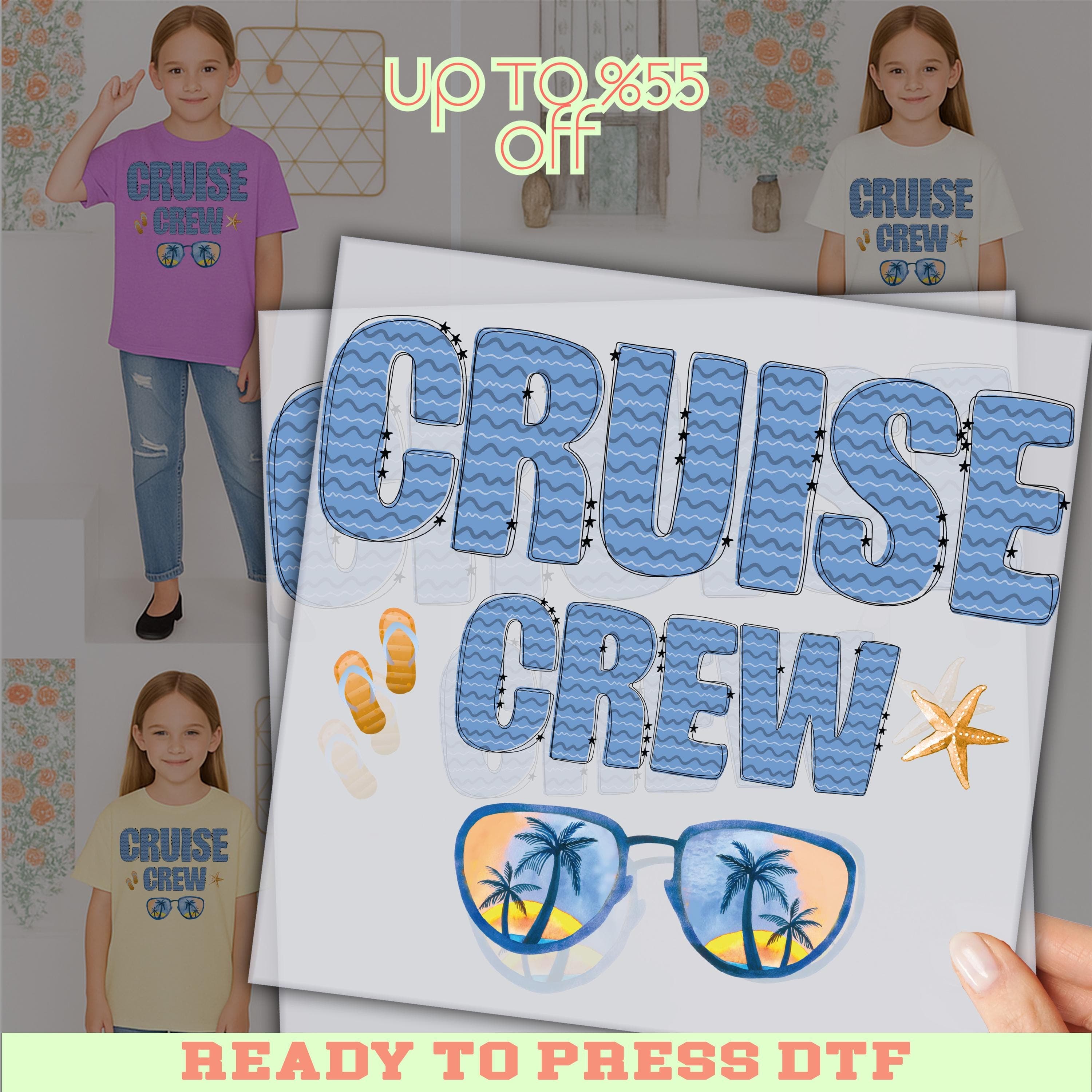 The image is an advertisement featuring a young girl wearing a purple cruise crew shirt, with the text "Cruise Crew" prominently displayed. The advertisement also includes a "UP TO 8.55" discount and a "READY TO PRESS DTF" message, suggesting that the image is part of a promotional campaign for a cruise vacation.