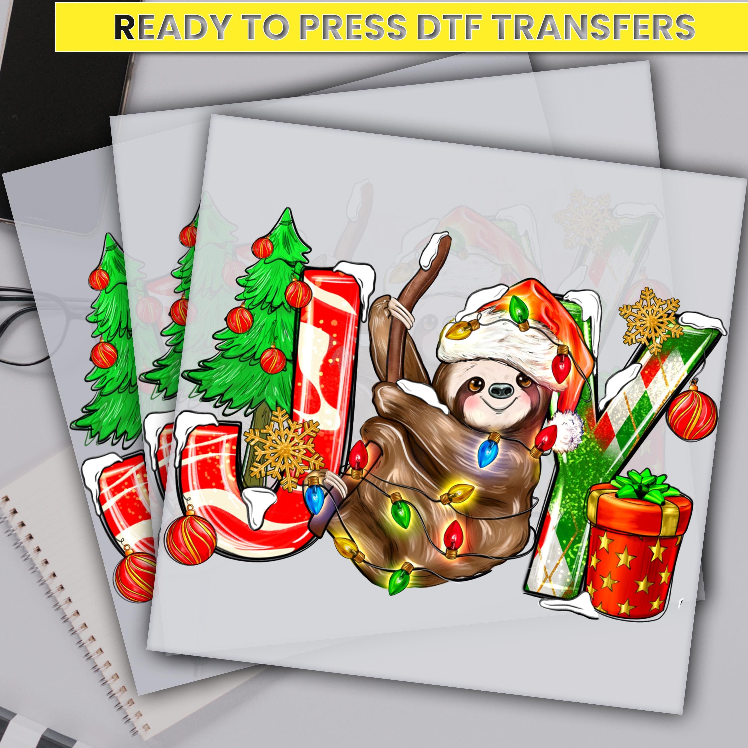 Joy Christmas Sloth Dtf Transfer, Sloth Christmas Lights Dtf Prints, Ready For Press, Custom Dtf Transfers, Full Color Heat Transfer