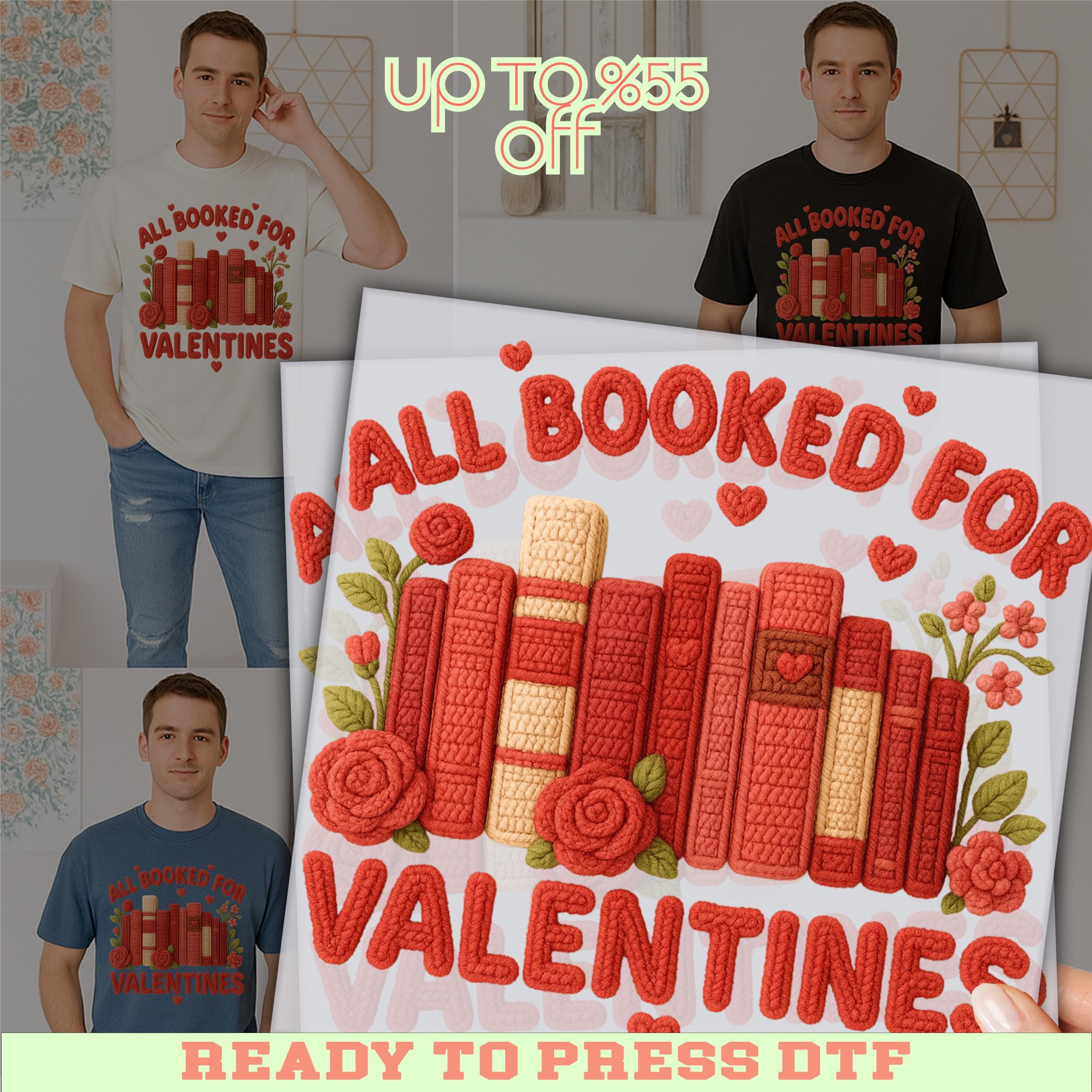 All Booked For Valetines Faux Yarn DTF Transfer: Booklover Valentine's Day Gift Heat Press