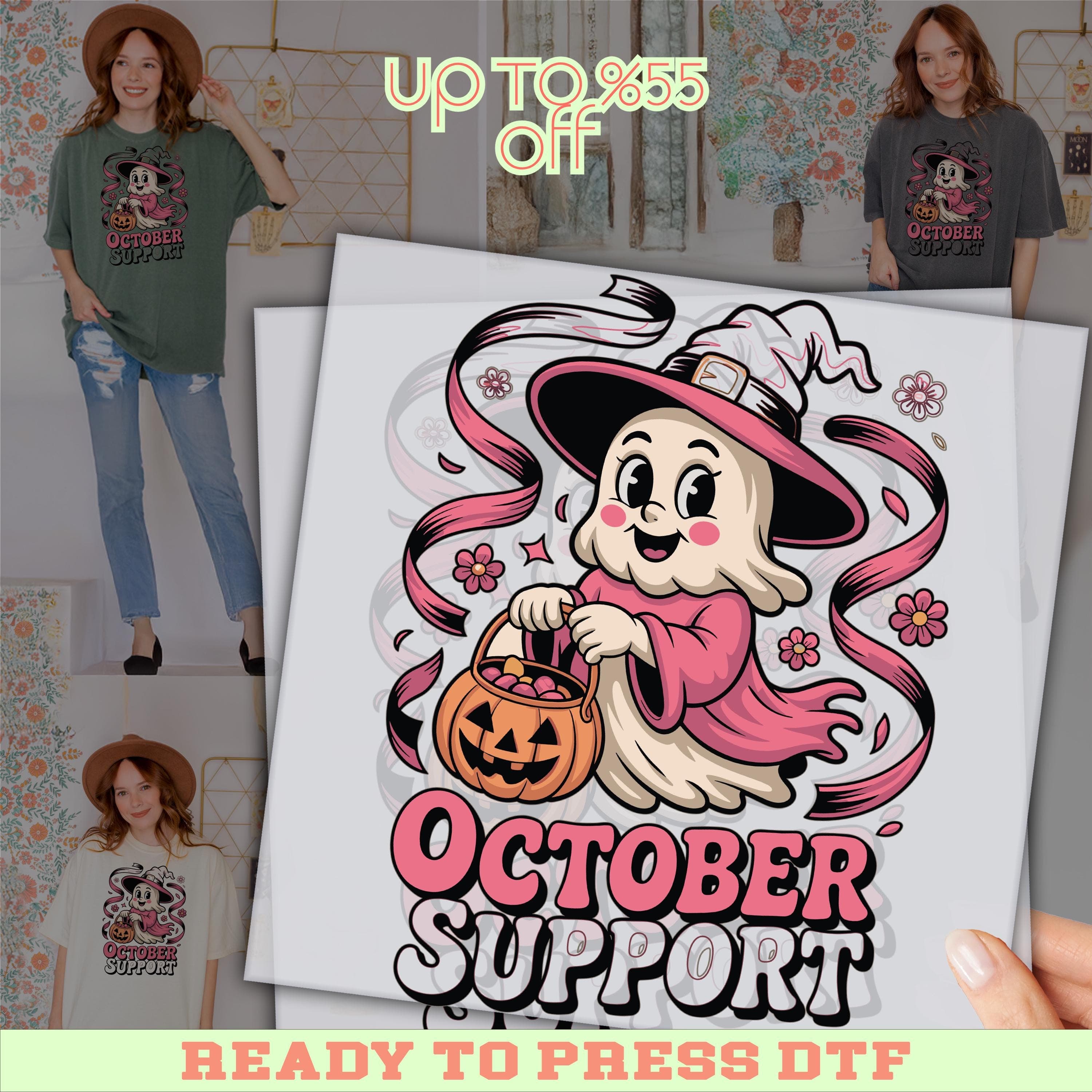 October Ghost Witch DTF Transfer, Cute Halloween Shirt Design, Awareness DTF, Ready To Press, We Wear Pink In October Heat Transfer