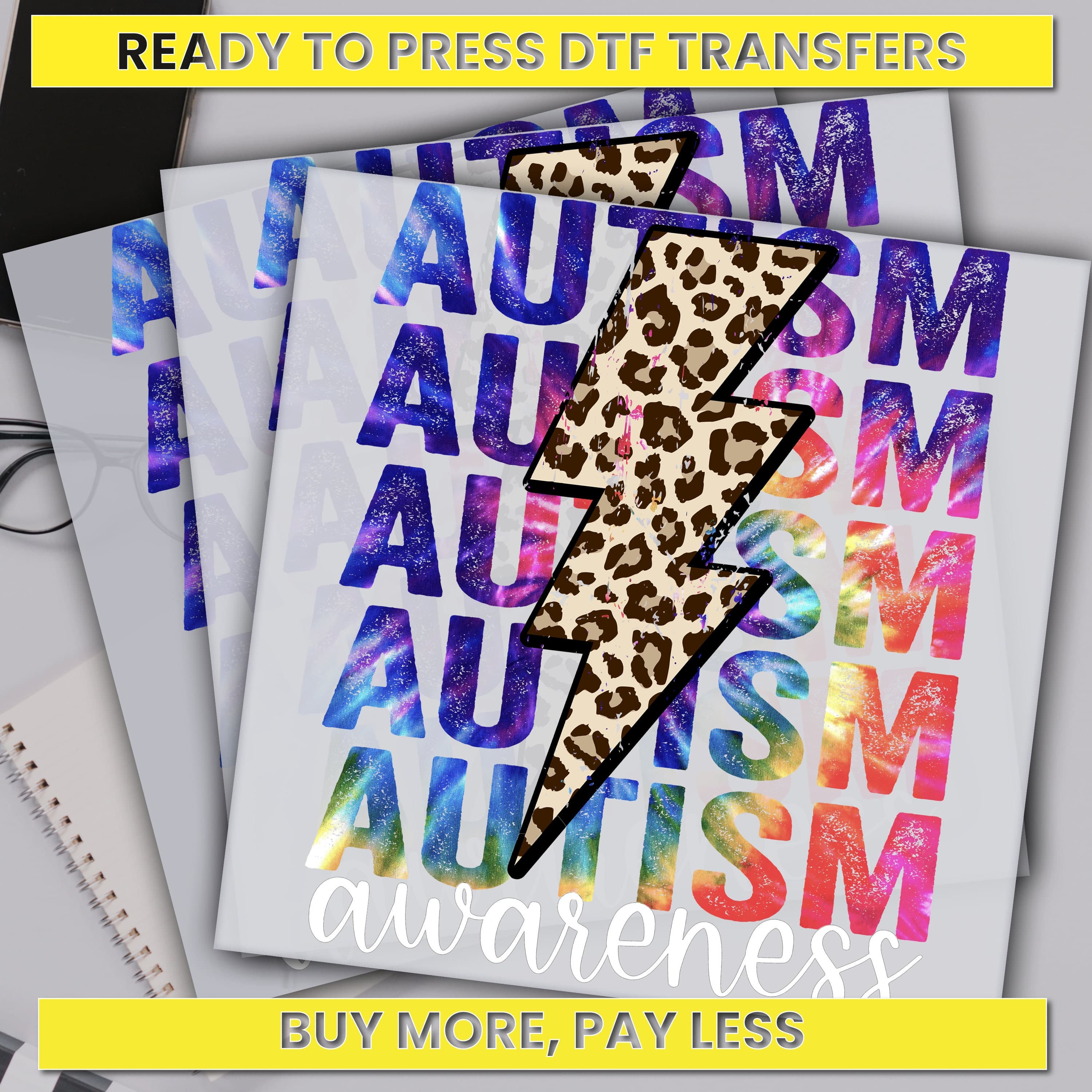 Leopard Lightening Autism Awareness Dtf Transfer, Autism Acceptance Ready For Press,Custom Dtf Transfers,Full Color Heat Transfer,DTF Prints