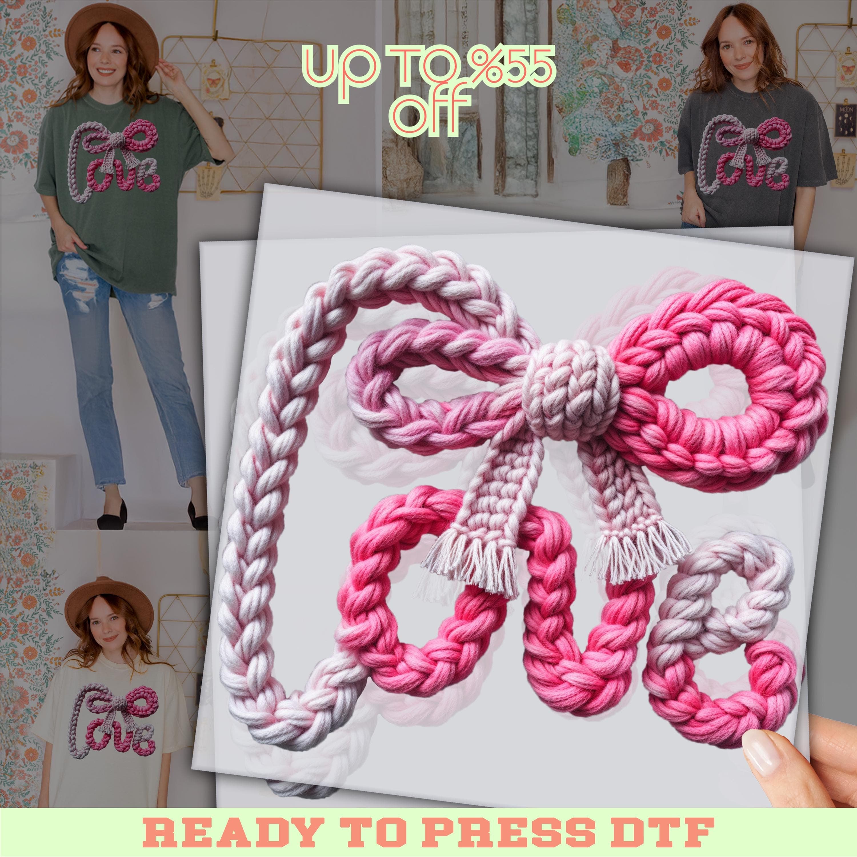 Valentines Day Heat Press: Pink Bow Love Faux Yarn DTF Print