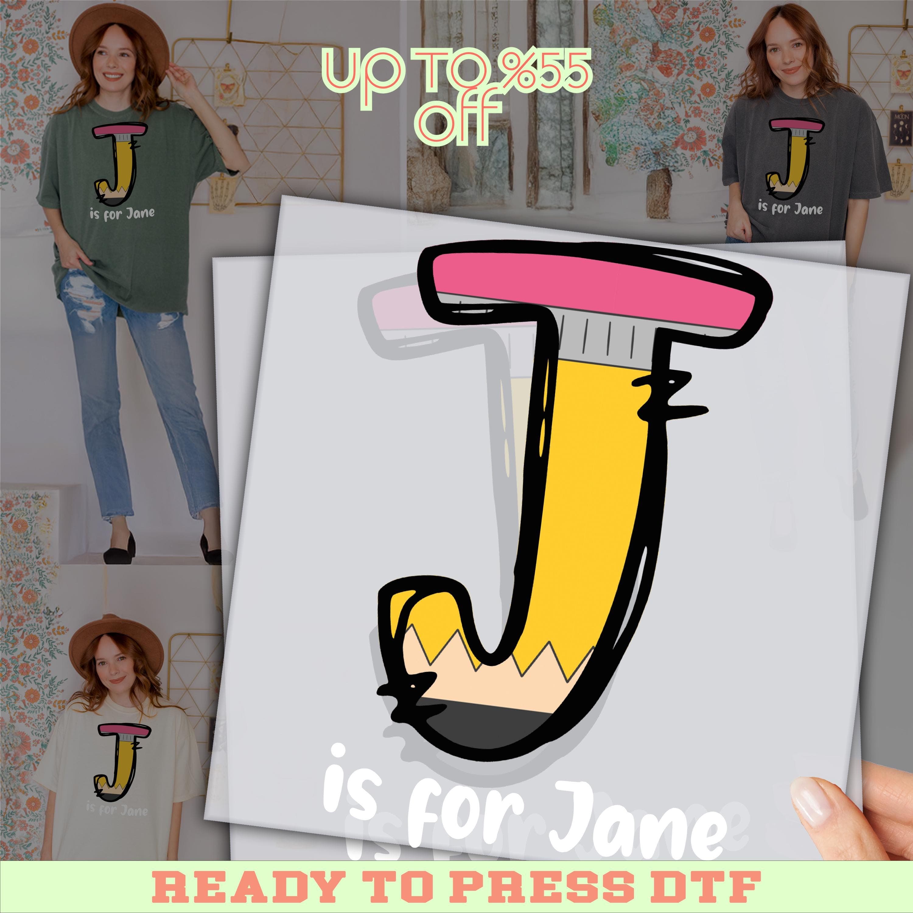 The image is a promotional advertisement featuring a large stylized letter "J" with a price tag of up to $8.55 off. The ad also includes a collage of images of women wearing t-shirts with the letter "J" printed on them, along with a hand holding a piece of paper with the letter "J" on it. The text "UP TO 8.55 OFF" is displayed above the letter "J" and "is for Jane" is written below it.
