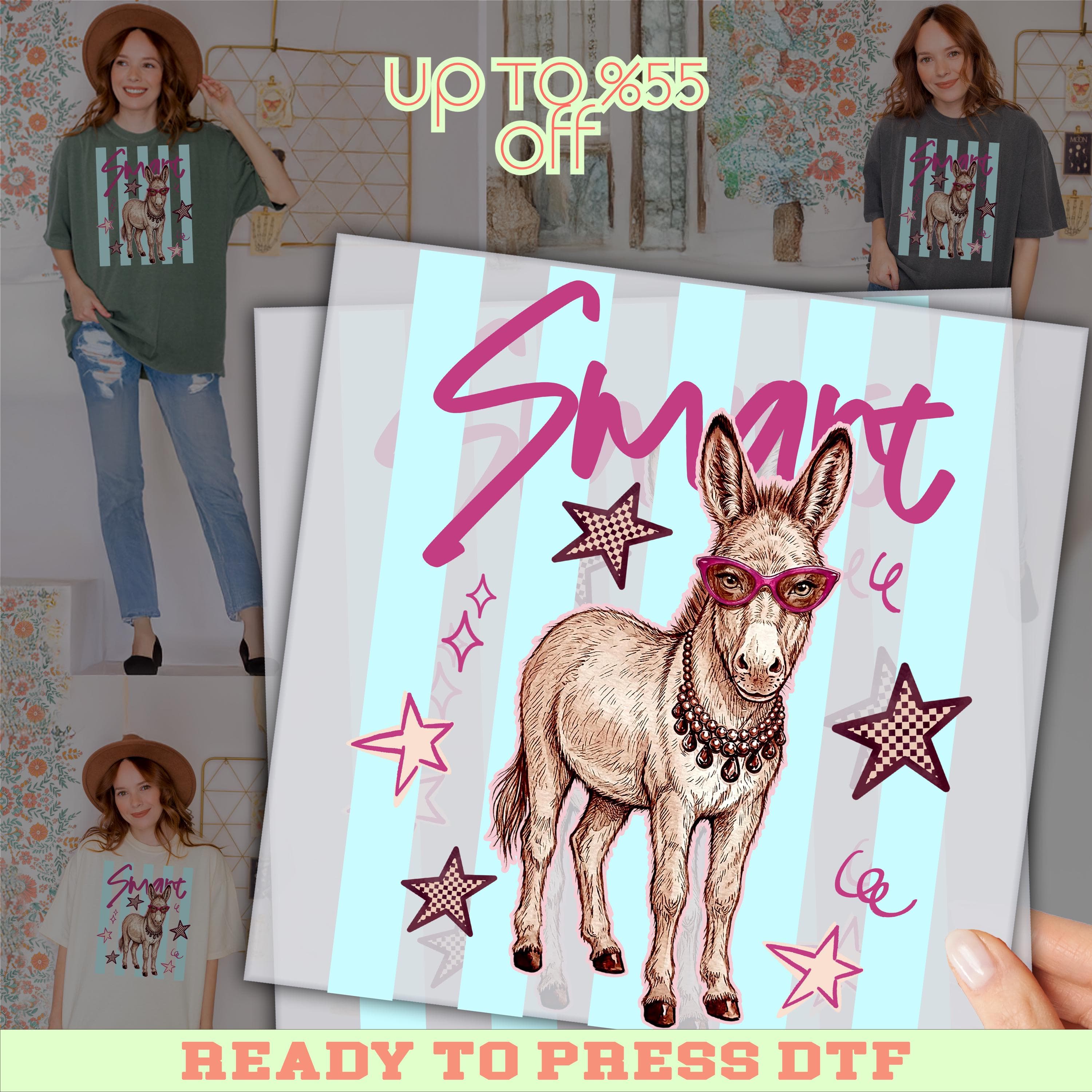 Smart Star Donkey Dtf , Retro Striped Summer Design, Full Color Heat Transfer, Ready for Press