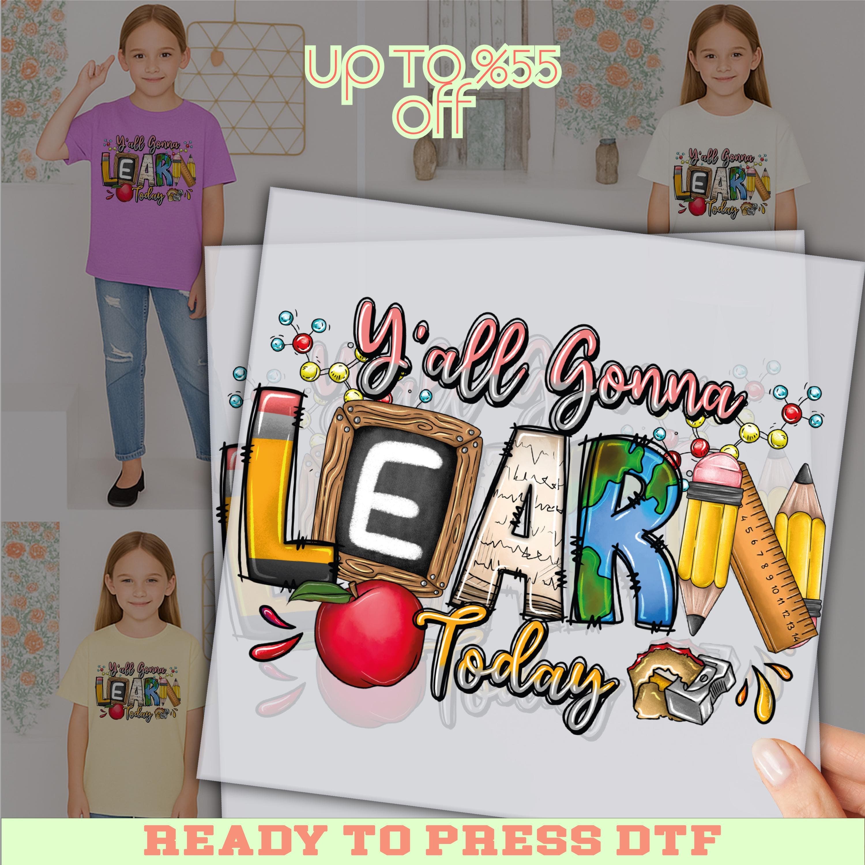 The image is a promotional poster for a children's clothing line, featuring a young girl in a pink shirt and a collage of images of children wearing similar shirts.